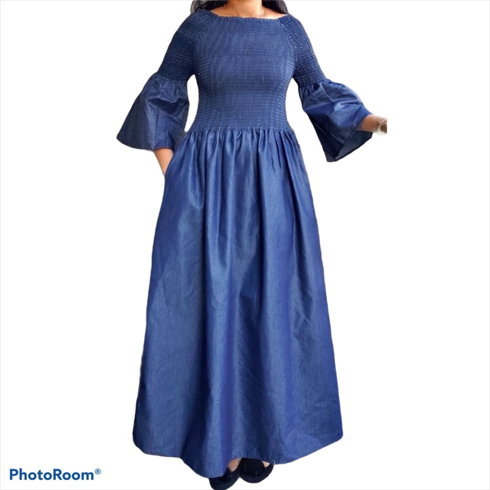 Long Denim Smocked Dress 100% Cotton Free Size & Plus Size Long Sleeve Dress